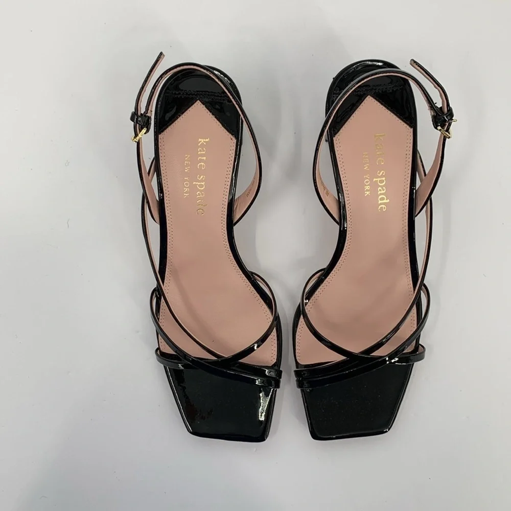 Kate Spade Renee strappy sandals block heel black patent slingback shoe square 9